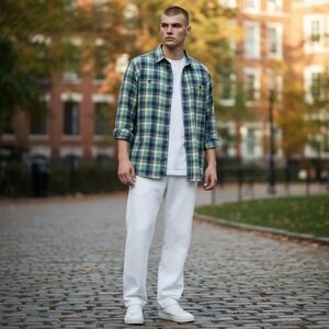 Duluth Trading Co Flannel Shirt Mens L Green Plaid Button Down Cotton Workwear